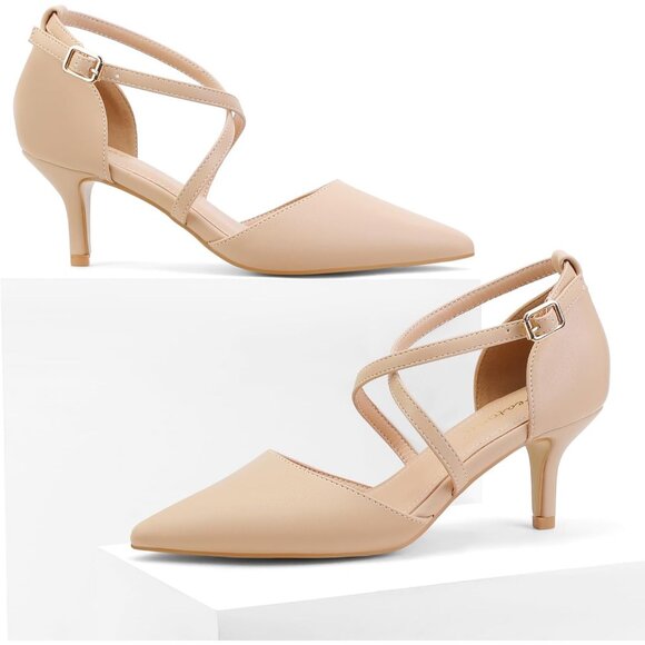 Women's Nude Pu Polyurethane Pointed Toe Cross Strap Low Kitten Heel Pumps - Picture 5 of 6